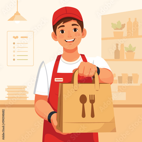 Food delivery worker with takeout bag