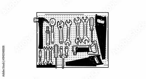 A pegboard displays a collection of various hand tools in a black and white line drawing