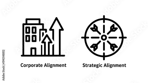 Corporate and strategic aiignment icons, building and target symbols for business goais