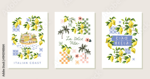 Poster collection. Lemon branches with yellow fruits, coastal town, blue ceramic tile, palm trees, white background. Prints for t shirt, text La Dolce Vita. Vector illustration. Italian summer design