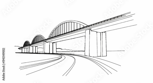 Sketch of a large arched bridge spanning over curved train tracks