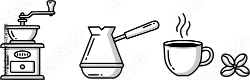Coffee Making Process Grinder, Cezve, Cup, and Beans Icons
