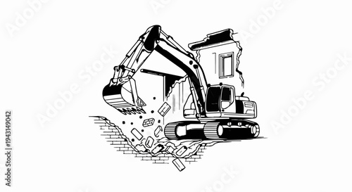 Excavator demolishes a brick building