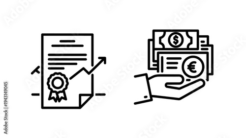 Certificate growth and currency payment line icons. financiai success and money exchange symbols