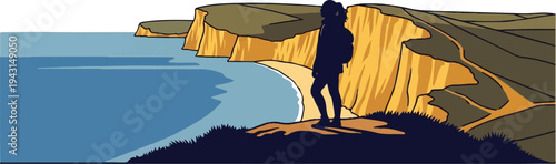 Silhouette of a person standing on a cliff overlooking a beach and ocean