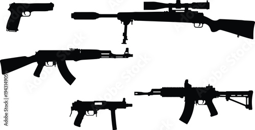 Black silhouette vector collection of various firearms including a sniper rifle with scope, assault rifles, a submachine gun, and a semi-automatic handgun.