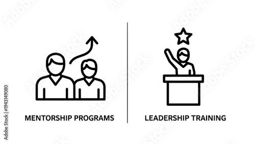Mentorship programs and leadership training icons for business development and skill enhancement