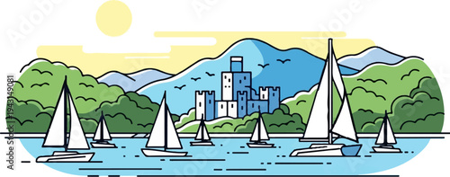 Sailboats navigate calm waters before a coastal castle on a sunny day