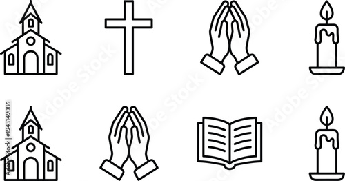 Christian religious icon set in outline style featuring a church building, holy cross, praying hands, lit candle, and an open bible book.