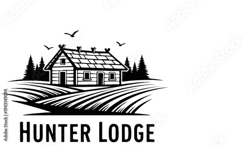 Rustic log cabin nestled among pine trees on a rolling landscape