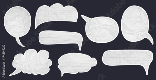 Textured paper speech chat balloons set with wrinkled surface. Crumpled speech bubbles featuring notebook grid, lined patterns for stickers, comic conversation. Dialogue shapes with rugged torn edges