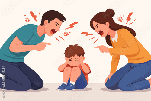 Vector Illustration of Angry Parents Shouting and Pointing at a Crying Little Boy, Concept of Toxic Parenting, Domestic Violence, Emotional Abuse, and Family Conflict on a Light Background