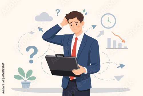 Confused Businessman Holding Briefcase and Thinking About Future Job and Corporate Career Path, Concept of Work Uncertainty, Professional Stress, Decision Making, and Economic Decline Flat Vector