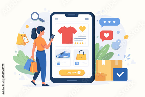 Online Shopping Concept with Woman Using Mobile App to Buy Clothes and Accessories, Flat Vector Illustration of E-commerce Store Interface with Product Description, Delivery Boxes and Bags.