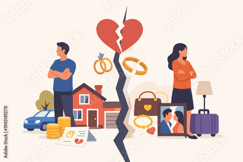 Divorce and Property Division Concept Illustration with a Man and Woman Standing Back to Back Separated by a Crack, Broken Heart, House, Car, Money, and Legal Documents in Flat Vector Style.