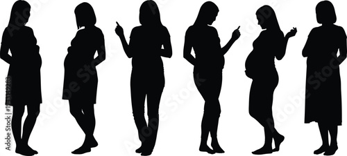 Set of pregnant woman silhouettes in various standing poses, expectant mother vector figures for maternity health and motherhood lifestyle graphic design
