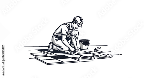Construction worker kneeling, applying tiles with trowel and bucket
