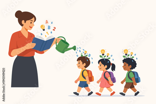 Teacher Nurturing Young Minds with Knowledge and Education Metaphor Illustration. Female Educator Watering Students with Wisdom from a Book as Ideas and Creativity Grow in Children's Minds.