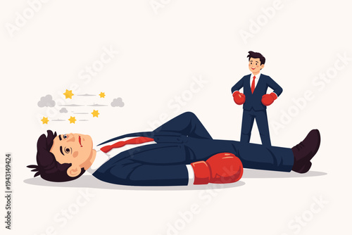 Small Businessman in Boxing Gloves Standing Victoriously Over a Giant Fallen Rival. Concept of Underdog Success, Business Competition, Overcoming Challenges, and Corporate Victory in Flat Style.