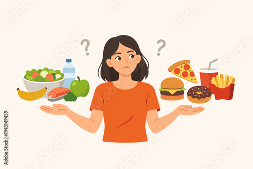Flat Vector Illustration of a Young Woman Making a Difficult Choice Between Healthy Food Options Like Salad, Fruit, and Salmon Versus Unhealthy Junk Food Like Pizza, Burger, Fries, and Donuts.