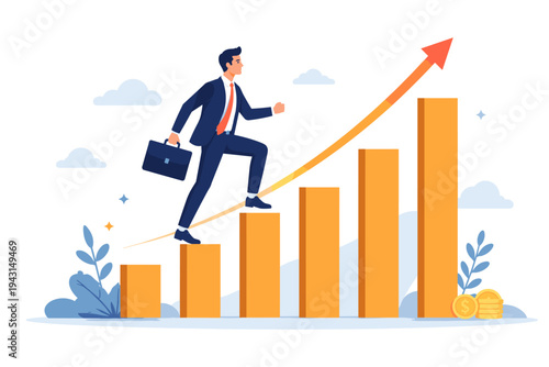 Vector illustration of an ambitious businessman in a suit climbing up a rising bar graph with an upward arrow, representing career growth, financial success, and professional achievement.