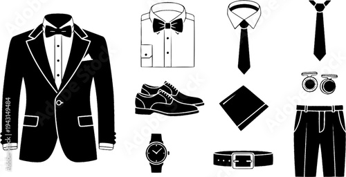 Collection of Black Icons Representing Formal Menswear and Accessories
