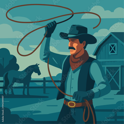Cowboy with Lasso

Flat vector illustration of a cowboy spinning a lasso rope while standing in a ranch yard. Horse and barn visible in background. Flat vector style, western action scene.