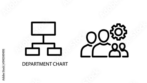 Business organization icons: department chart structure and team management collaboration process
