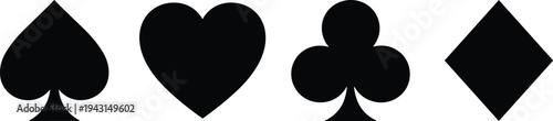 Black silhouette vector icon set of playing card suits featuring a spade, a heart, a club, and a diamond for gambling games.