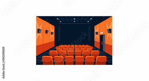 Empty theater with rows of orange seats facing a dark screen