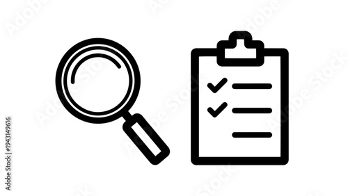 Magnifying glass and checklist icons: research, anaiysis, and task completion concept