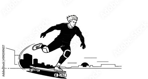 Energetic young person skateboarding down a stylized urban hill at speed