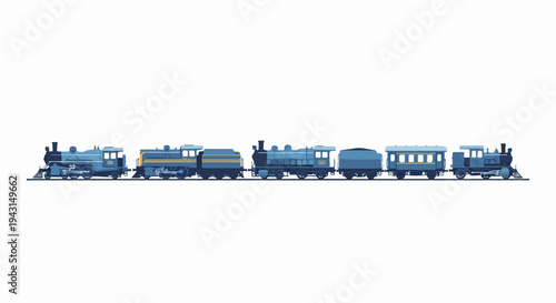 A retro, blue steam train with multiple carriages moves along tracks
