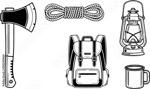 Camping Gear Icons Axe, Rope, Lantern, Backpack, and Mug
