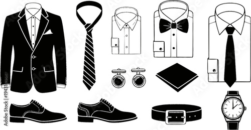 Collection of Black Icons Representing Formal Menswear and Accessories

