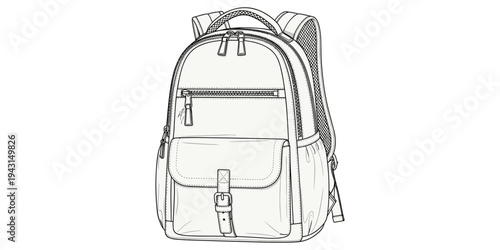 Flat vector illustration, backpack line drawing, travel gear design, school bag artwork, hiking equipment sketch, outdoor adventure concept, luggage graphic, student accessory