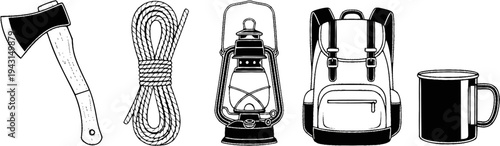 Camping Gear Icons Axe, Rope, Lantern, Backpack, and Mug
