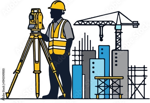 Construction worker surveying a city skyline with a crane