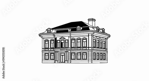 Detailed black and white sketch of a grand, multi-story building with many windows