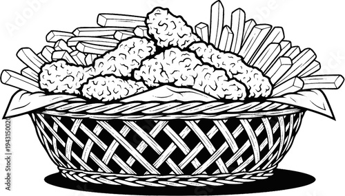 Black and White Illustration of Chicken Tenders and French Fries in a Basket
