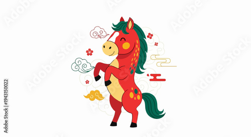 Cheerful cartoon horse rearing up, decorated with traditional Asian motifs