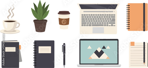Desk items coffee, potted plant, notebooks, laptops, pen, and paper