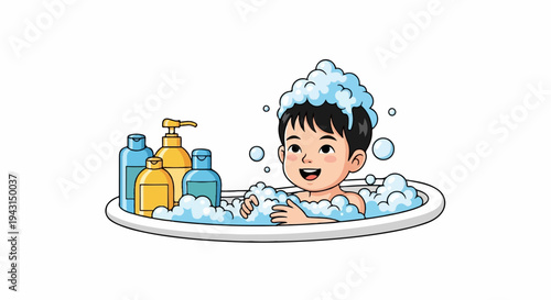 Cheerful child enjoys a bubbly bath with assorted toiletries for hygiene