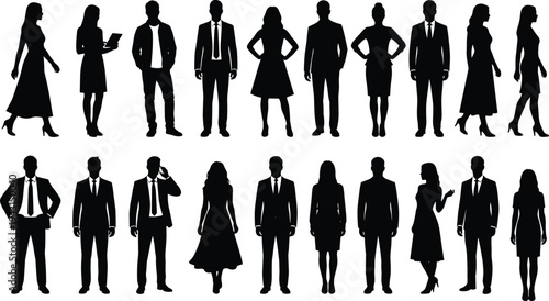 Flat vector business people silhouettes in professional attire, corporate diversity illustration, teamwork concept, office workers, modern workplace design art