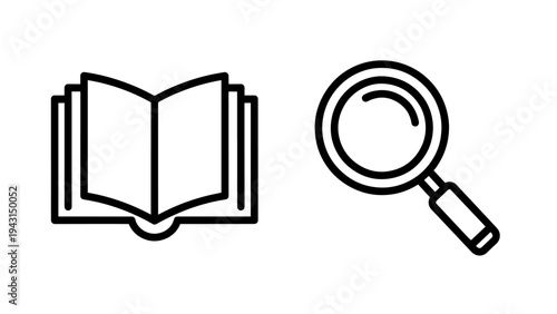 Open book and magnifying glass icons representing research, knowledge, and study