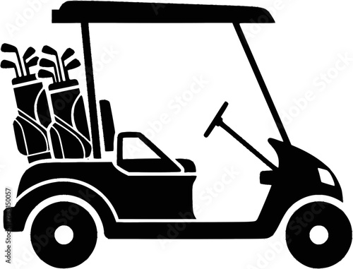 Black and White Icon of a Golf Cart with Clubs
