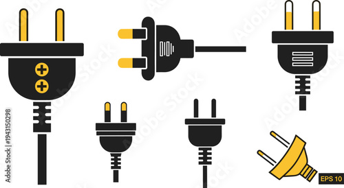 Electric Power Plug Icons Collection Electrical Cable Connector Vector Illustration Set Isolated
