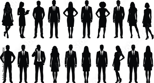 Flat vector business people silhouettes professional attire illustration, corporate diversity, teamwork concept, office workers, modern workplace, leadership representation design