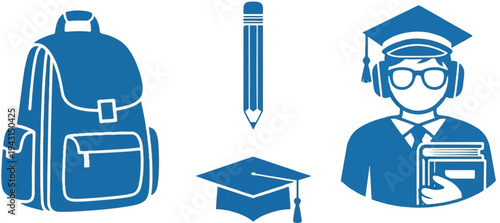 Blue icons depicting a backpack, pencil, graduation cap, and student with books and headphones