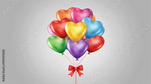 Colorful heart shaped balloons tied together.